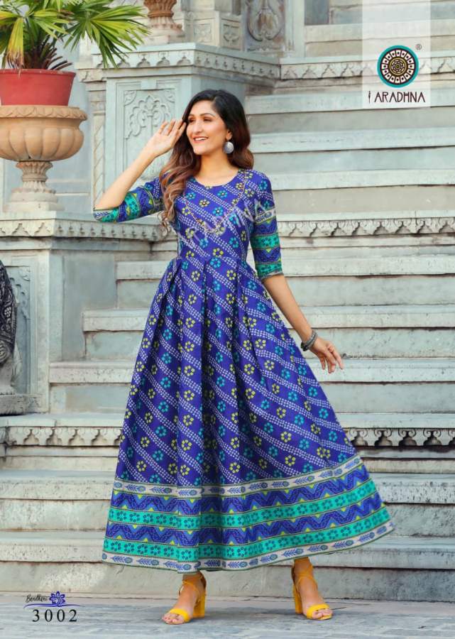 Aradhna Bandhani 3 Heavy Cotton Festive Wear Cotton Anarkali Long Kurti Collection